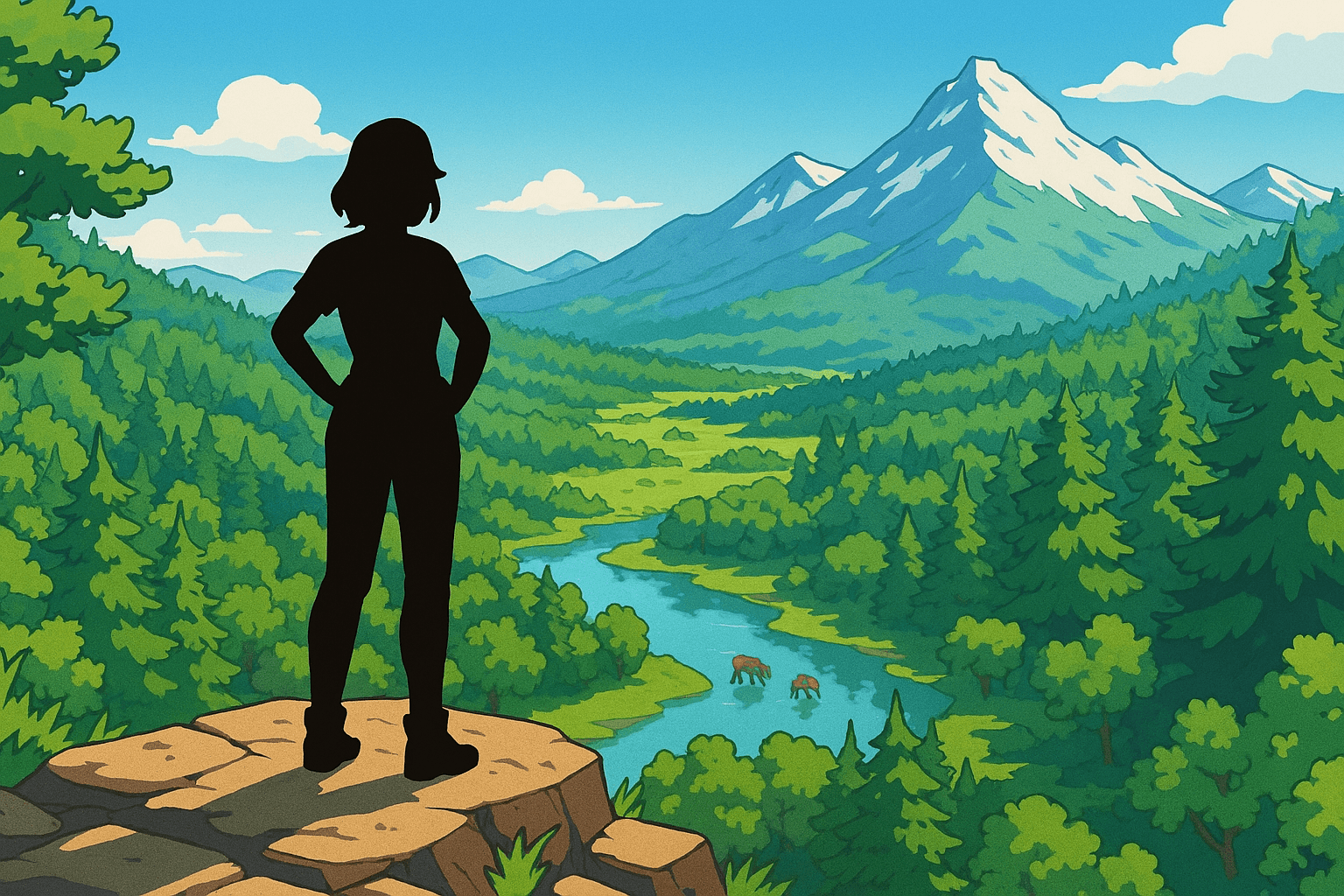 A hero stands on a hill overlooking a scene of a valley with mountains in the background.